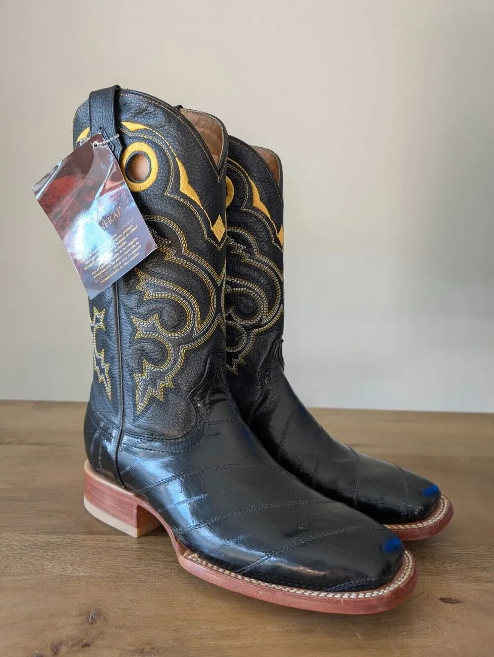 El General Western Boots Mens Size 7.5 Black Genuine Leather Exotic Square Toe